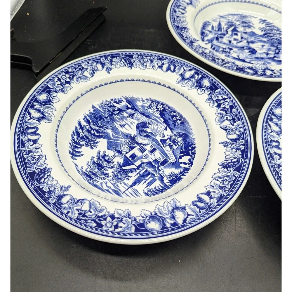 Italian Porcelain Blue & White Transfer Rim Soup Bowls Village Scene Set/3 Italy